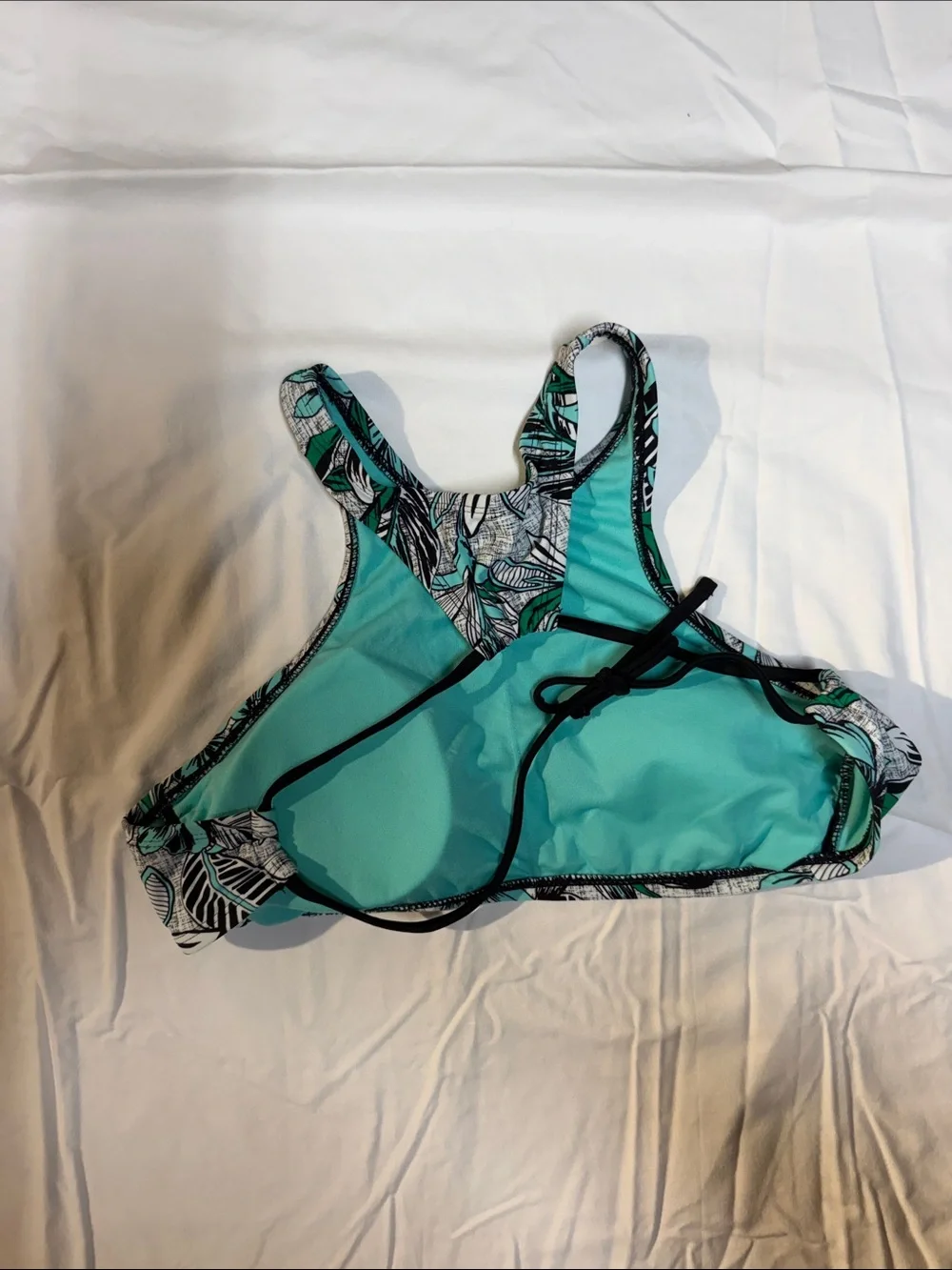 Mossimo Supply Co. Teal Green and Black Tropical High-Neck Swim Crop Top